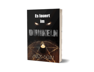 Buchcover meines Horrorromans. Schwarzer Hintergrund. Titel "Es lauert im Dunkeln". Leuchtende dämonische Augen zwischen den Worten. Ganz unten ein Pentagram mit einer schwarzen Kerze in der MItte.