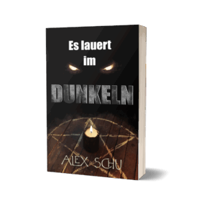 Buchcover meines Horrorromans. Schwarzer Hintergrund. Titel "Es lauert im Dunkeln". Leuchtende dämonische Augen zwischen den Worten. Ganz unten ein Pentagram mit einer schwarzen Kerze in der MItte.