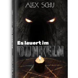 Buchcover meines Horrorromans. Schwarzer Hintergrund. Titel "Es lauert im Dunkeln". Leuchtende dämonische Augen zwischen den Worten. Ganz unten ein Pentagram mit einer schwarzen Kerze in der MItte.